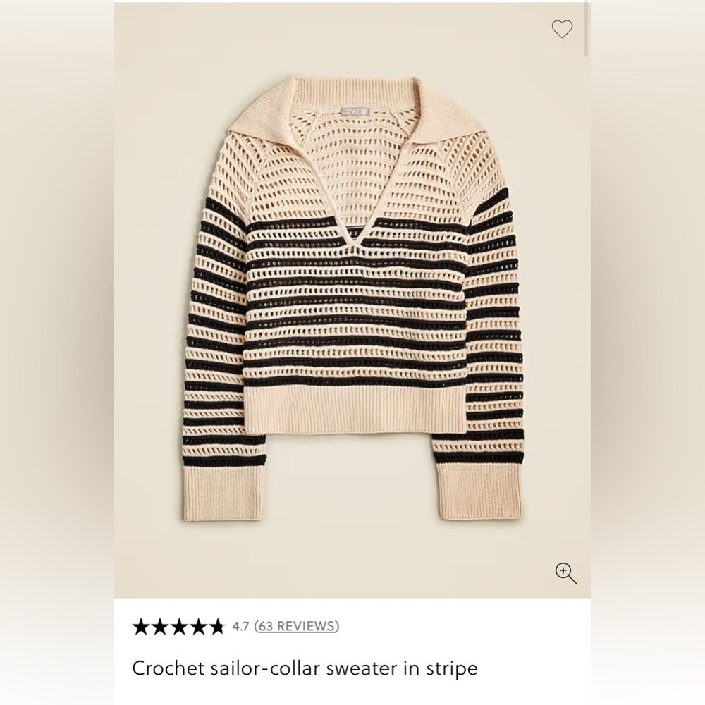 NWOT J CREW Crochet Sailor Collar Striped Cotton Sweater Black Beige Tan Khaki